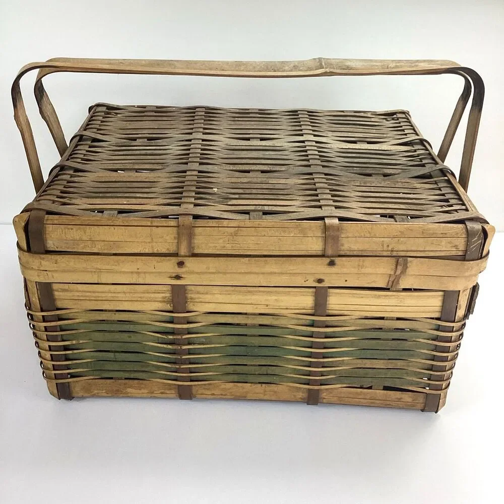 Vintage Wicker Rattan Basket with Dual Handles Woven Boho Decor